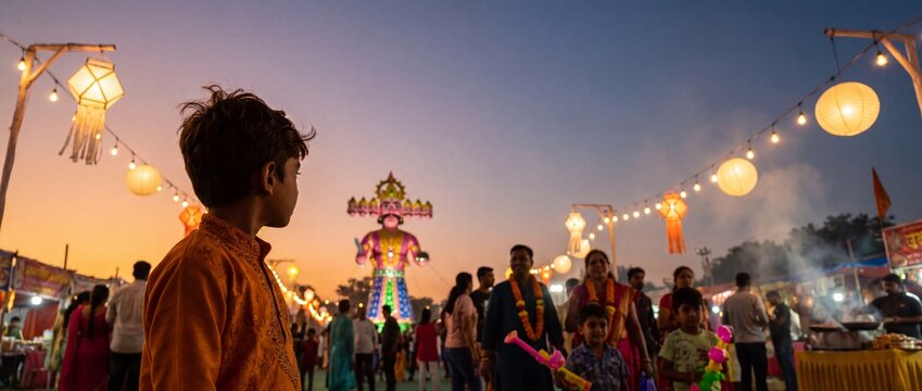 Indian boy in festive kurta watching giant Ravana effigy at Dussehra celebration fairground at sunset, with illuminated lanterns and copy space in evening sky