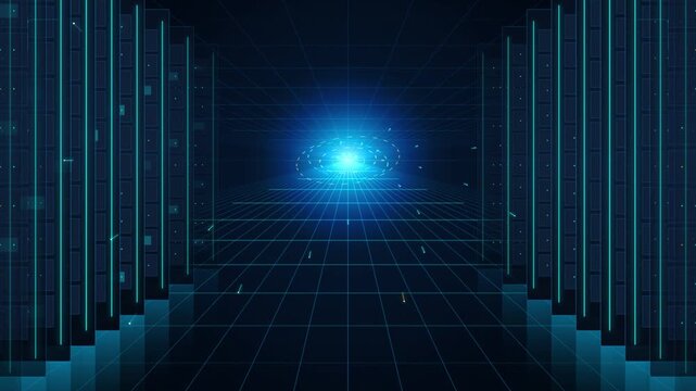 Abstract server room data center with glowing blue core loop
