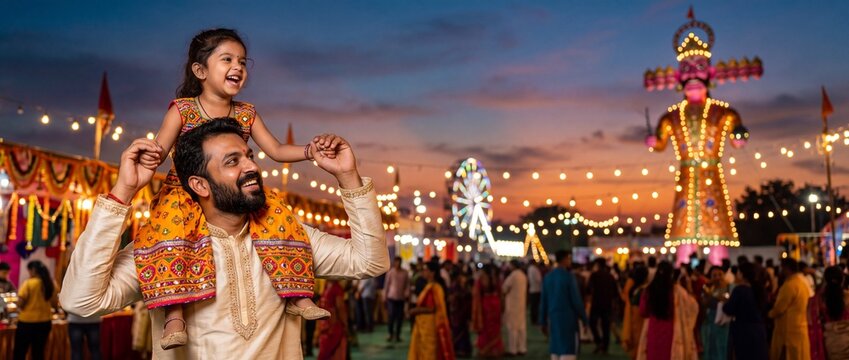 Joyful Indian father carrying daughter on shoulders celebrating Dussehra festival at vibrant evening fair with illuminated Ravana effigy and banner copy space