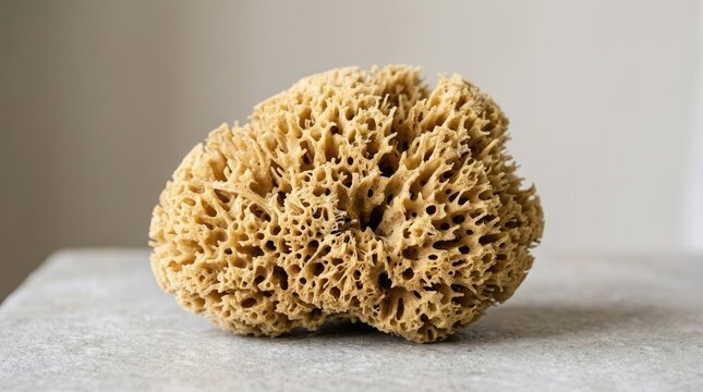 A natural sea sponge rests on a gray stone surface. The sponge has a rough, porous texture and a light tan color.