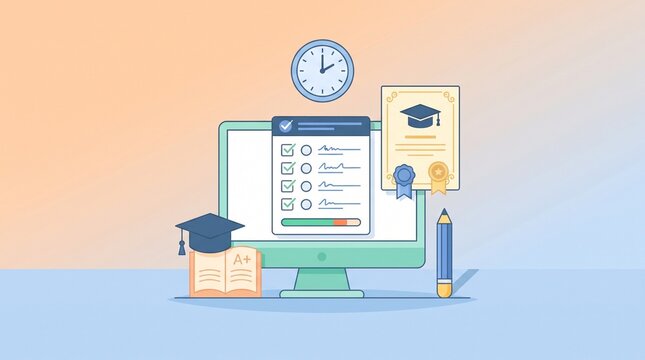 Online examination and digital assessment icon with checklist, computer, academic evaluation and remote learning tools