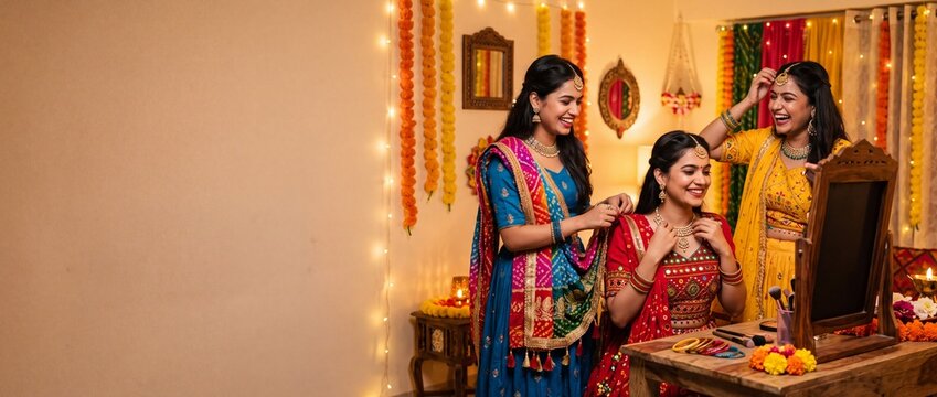 Three happy Indian women getting ready for the Navratri Garba festival in traditional chaniya choli at a decorated home, wide advertising banner with copy space
