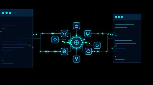 Futuristic AI data processing interface flowchart diagram loop