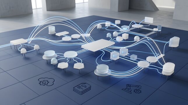 Futuristic 3D visualization of a multi-agent AI system architecture with interconnected nodes, glowing data paths, and technological icons representing decentralized computing networks.