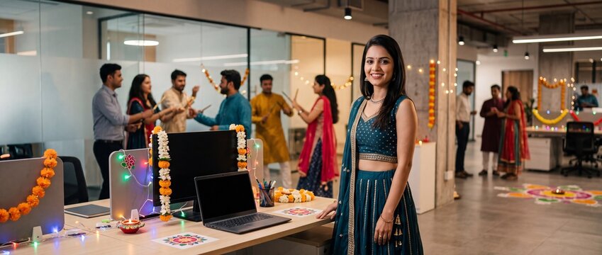 Confident young Indian businesswoman celebrating Navratri festival at modern office desk with colleagues dancing Garba, corporate diversity and culture concept