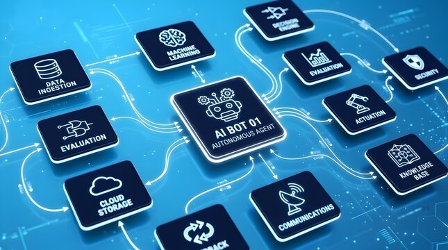 Advanced AI Autonomous Agent Flow Diagram featuring Machine Learning, Data Ingestion, and Cloud Computing nodes in a blue digital network for futuristic technology concepts.