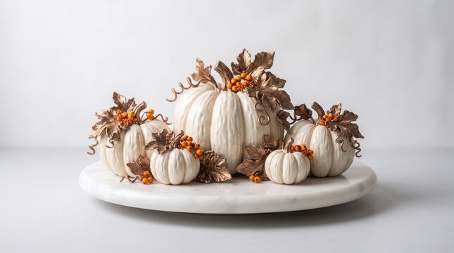 autumn leaves Decorative pumpkin cake toppers with metallic with miniature pumpkin white background