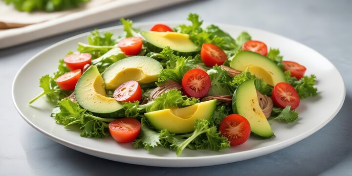Fresh mixed greens salad with sliced avocado and juicy tomatoes