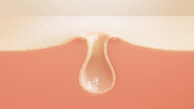 Translucent bubbly liquid flows across a skin cross section, flushing dark debris from a clogged pore and leaving the follicle visibly clean in a static macro view.