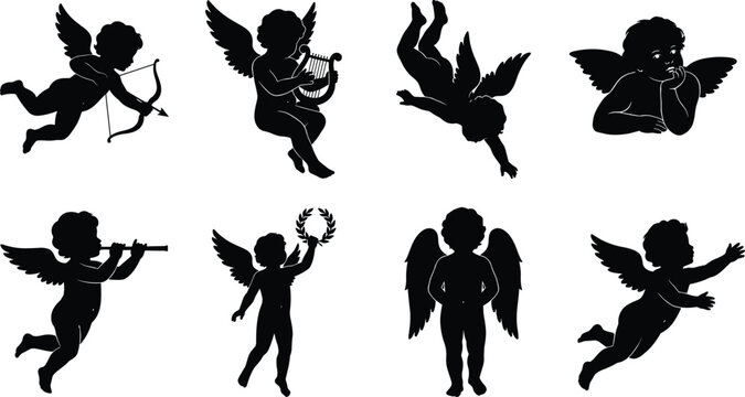 Black silhouette vector set of flying cupids and little angels with wings, bow, harp, and flute for romantic designs