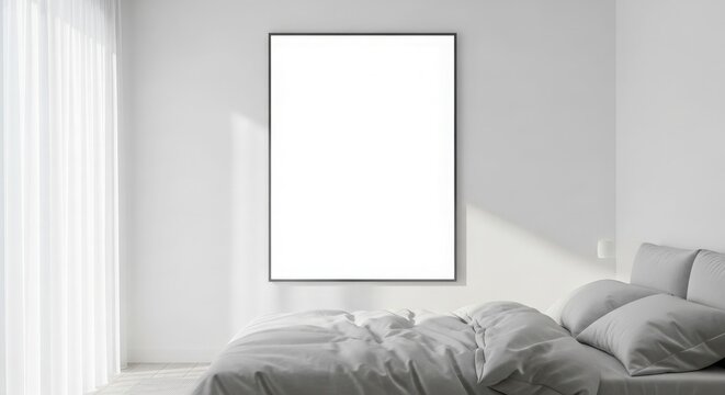 A minimalist bedroom interior with a large blank white picture frame on a white wall above a grey bed, illuminated by natural light from a window with sheer curtains.