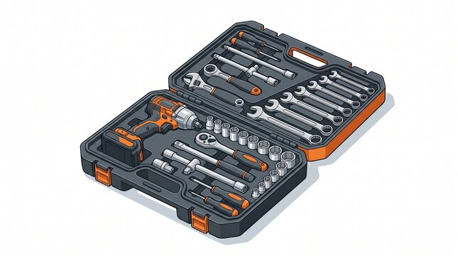 Mechanic Tool Box Set with Electric Cordless Drill Wrenches and Sockets Vector Illustration