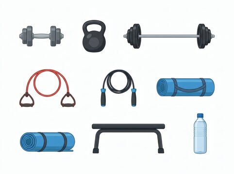 A colorful vector collection of home gym workout equipment including dumbbells, a barbell, kettlebell, yoga mats, jump rope, bench, and water bottle