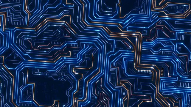 Glowing blue and amber circuit pathways pulse across dark electronic board pattern, with illuminated traces and tiny light points forming dense angular connections across frame