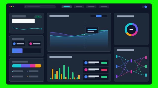 Digital data analytics dashboard interface on green screen background