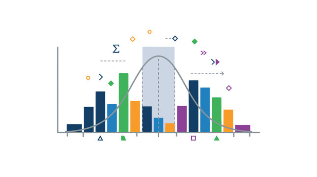 Statistical analysis vector set. Three data distribution charts with trend lines and mathematical sigma symbols. Colorful bar graphs for research and finance reporting.