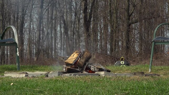 A wide angle view shows a small wooden campfire smoldering in a stone ring on a green lawn bordered by a dense forest.