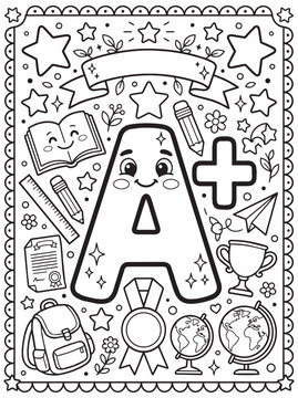 Coloring book page for kids featuring a cute A-plus grade character surrounded by school supplies stars and achievement awards in a clean vector style.