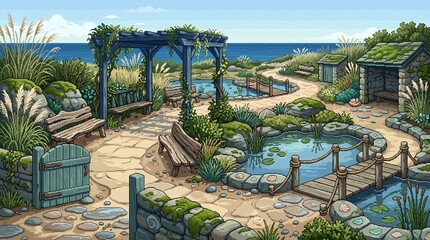 Fototapeta premium Scenic coastal public garden with stone pathways, wooden pergola and tranquil water ponds