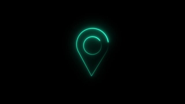 Glowing neon location icon animation, Abstract location glowing neon icon fast tracking map pin icon animation, on black background with 4k video motion,