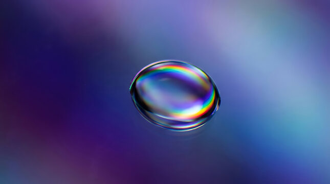 A single clear water drop reflecting rainbow spectrum colors against a soft purple and blue gradient background