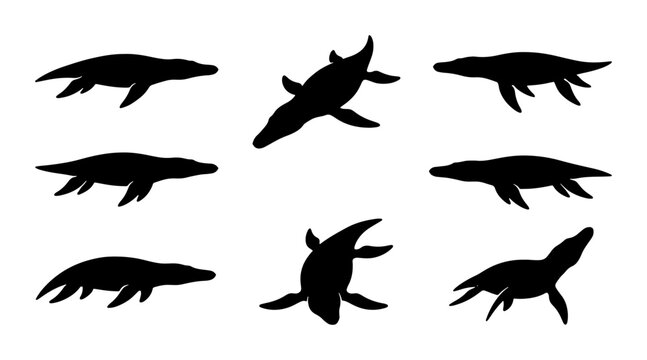 Marine Reptile Silhouettes, Plesiosaur Vector Icons, Ancient Sea Creatures Collection