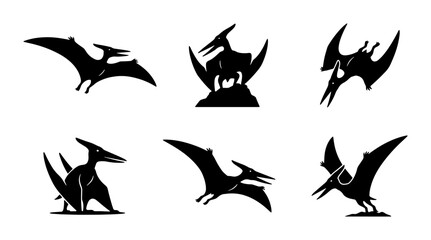 Pterodactyl Silhouette Icons, Dinosaur Vector Graphics, Prehistoric Flying Reptile Set © Ashim