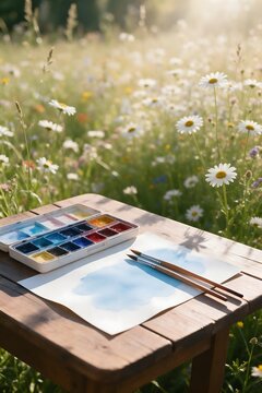 Watercolor painting workspace on a rustic wooden table surrounded by daisies and wildflowers in a sunlit garden meadow