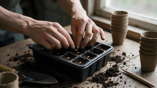 Hands planting seeds in a garden seed tray with fresh soil, surrounded by terracotta pots, representing home gardening and plant cultivation