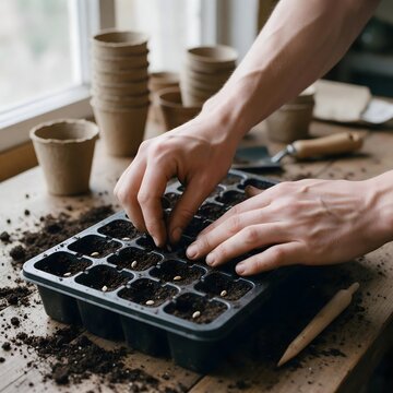 Hands planting seeds in a garden seed tray with fresh soil, surrounded by terracotta pots, representing home gardening and plant cultivation