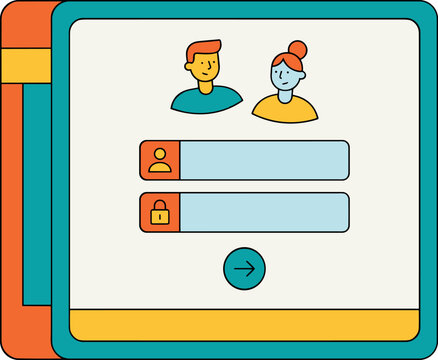 Digital login screen with user icons, input fields for username and password, and submit button. Flat design.