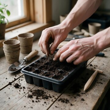 Hands planting seeds in a garden seed tray with fresh soil, surrounded by terracotta pots, representing home gardening and plant cultivation