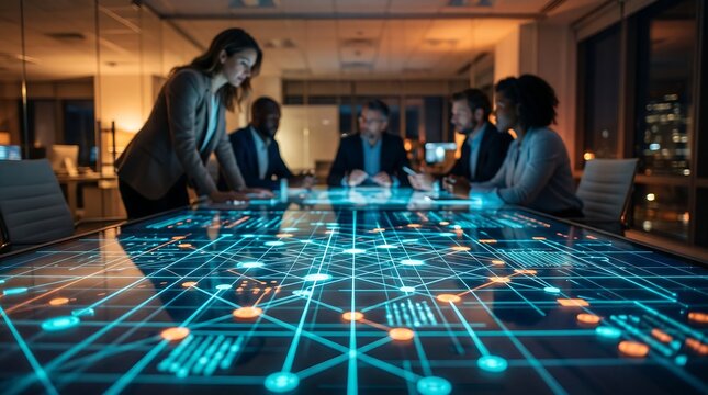 Business team working together around glowing digital network table in modern office at night for high tech data visualization and collaborative corporate strategy concept photography shot
