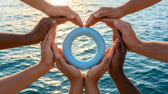 Diverse hands holding a blue ring symbol over water for World Diabetes Day.