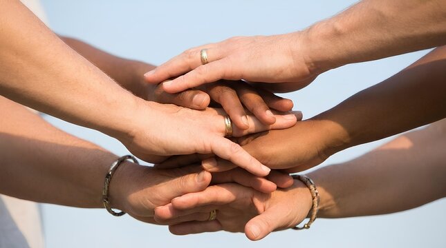 Diverse group of people stacking hands in unity.