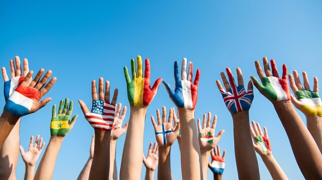 Diverse hands painted with world flags raised against sky.