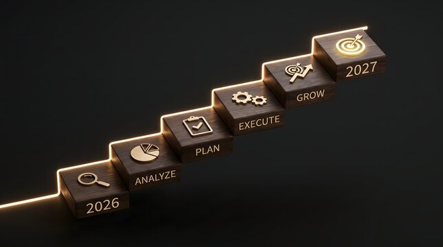 Business strategy steps concept on wooden blocks. Plan execute grow process with glowing gold line on dark background