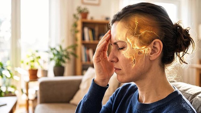 Woman sitting on a sofa suffering from a severe migraine headache with a glowing anatomical skull overlay showing localized pain in the temple.