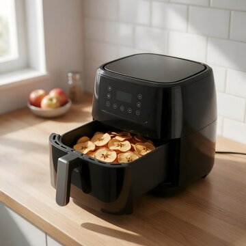 Modern air fryer cooking sliced potatoes in a stylish kitchen, showcasing convenient food preparation and a contemporary countertop appliance