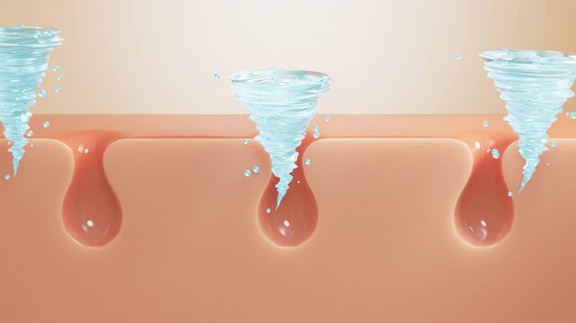 Three translucent water vortices descend over sebum-filled pores in a peach-toned skin cross section, lift the yellow plugs and leave the follicles empty.