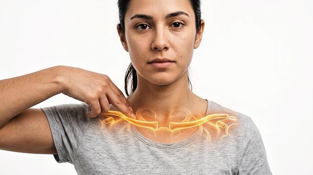 A young woman points to her collarbone with a glowing orange anatomical overlay illustrating clavicle pain or injury against a white background
