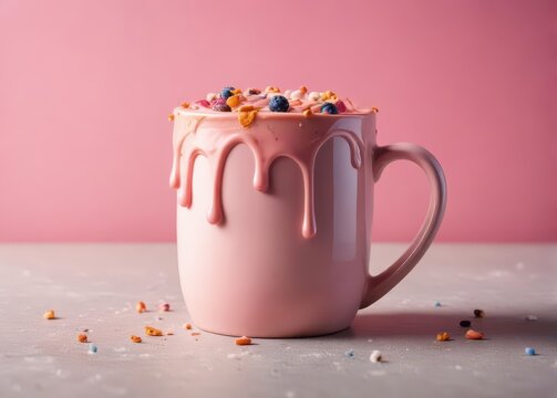 Pink drippy glaze with sprinkles on a ceramic mug