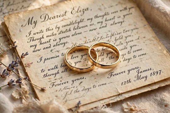 Vintage love letter with two golden wedding rings, romantic marriage proposal concept
