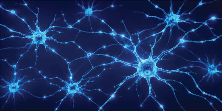 Futuristic Blue Neural Network with Glowing Neurons and Connected Synapses on Dark Background