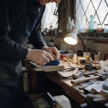 Artisan crafting a handmade leather item at a traditional workbench with hand tools, warm lamp light, and materials in a workshop