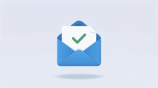 Successful Message Delivery Confirmation A Vibrant 3D Illustration of an Open Envelope with a Document and Green Checkmark, Symbolizing Achievement and Communication Success