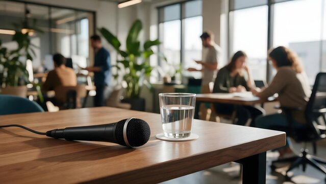 Professional meeting room with a microphone and glass of water on a conference table, surrounded by people working in a modern office