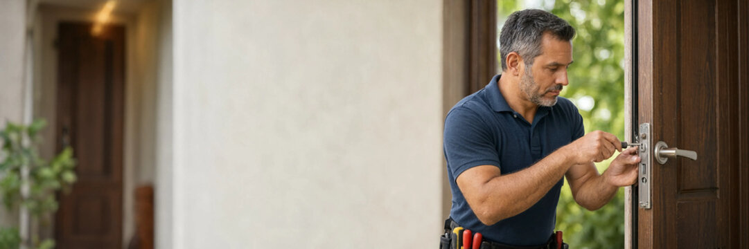 Adult man in a work uniform repairs a door lock at the entrance of a home, providing residential maintenance and locksmith service.