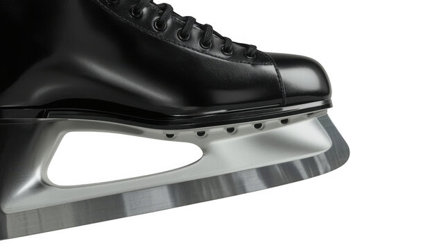 Close-up view of a black ice skate blade with silver metal showing intricate design and sharp edges.
