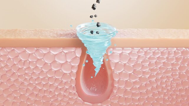 A translucent blue water vortex moves over a skin cross section, descends into a clogged pore and draws dark debris upward, leaving the follicle empty.